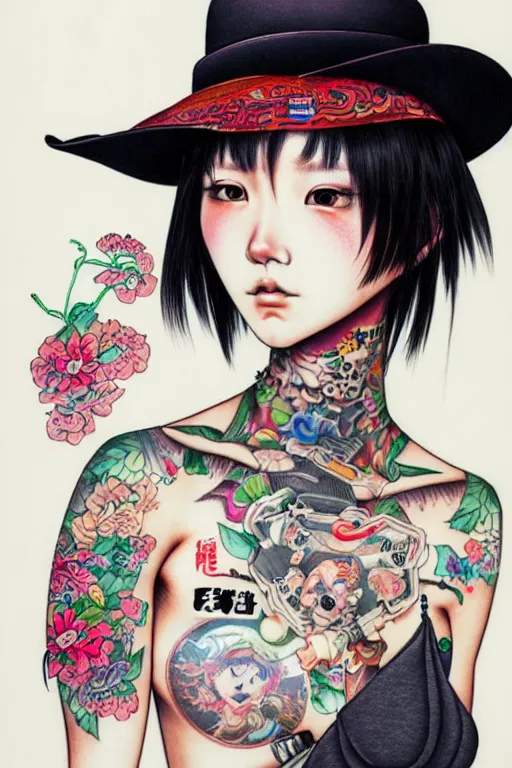 Image similar to full view of taiwanese girl with tattoos wearing cowboy hat, style of yoshii chie and hikari shimoda and martine johanna, highly detailed