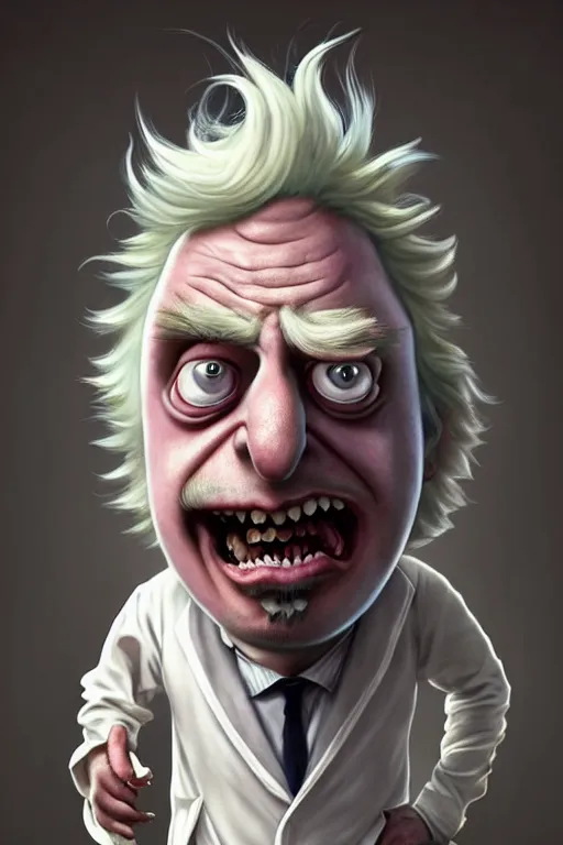 Image similar to Boris Johnson as crazy genius Rick Sanchez from Rick and Morty, unibrow, white robe, big eyes, realistic portrait, symmetrical, highly detailed, digital painting, artstation, concept art, smooth, sharp focus, illustration, cinematic lighting, art by artgerm and greg rutkowski and alphonse mucha