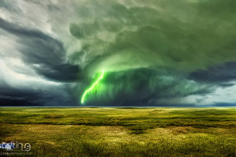 Image similar to Photo of the green sky just before a tornado, award winning, trending on artstation