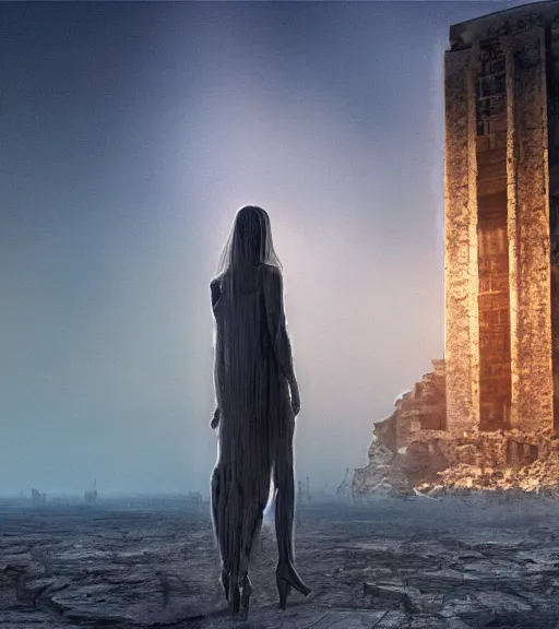 Image similar to tarkovsky greatest scene stalker movie, ethereal ancient destroyed majestic tower of babylon, woman in a futuristic cyber clothing, transparent puffer jacket, hyperrealistic, blockchain, cyber world, ambient lighting, concept art, intricate sky, hyper - detailed, smooth, dynamic volumetric lighting, octane, ray tracing, cinematic, high quality, cgsociety