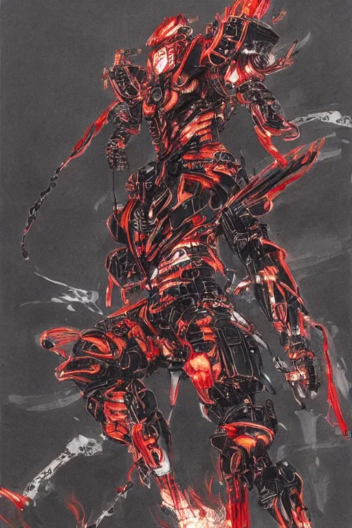 Prompt: a drawing of a flaming cybernatic samurai, red armor by yoji shinkawa and tsutomu nihei, detailed art, highly detailed, trending on artstation