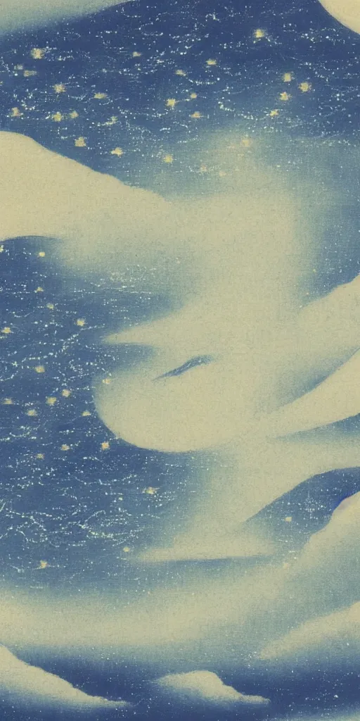 Prompt: painting of the night sky by kitano tsunetomi, 1 9 3 9