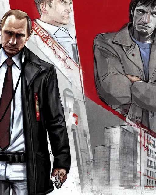 Prompt: a medium shot of vladimir putin wearing a jacket in gta 4, gta 4 loading screen artwork, highly detailed, trending on artstationhq