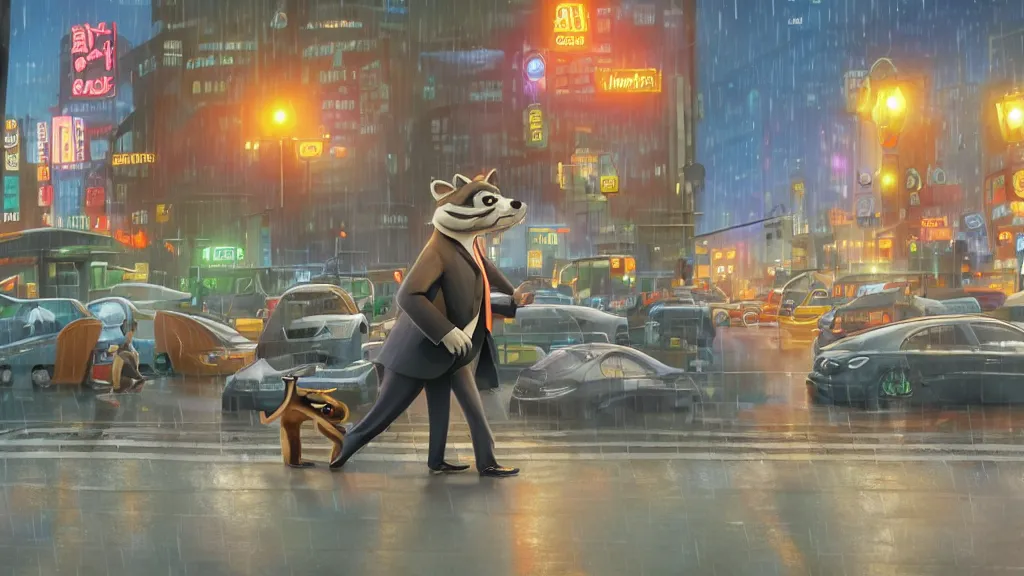 Image similar to An anthropomorphic raccoon businessman is walking down a busy crosswalk at in the rain at night, warm lighting with an orange glow blanketing the cityscape from the city lights, zootopia, other anthropomorphic characters are walking by him, extremely detailed, HDR, sideview, solemn and moody, many cars and animal people in the background, detailed face and eyes, large and detailed eyes with visible pupils, the road is wet with many rain puddles, reflections from the water on the ground