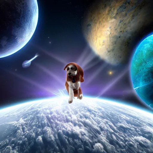 Prompt: two puppies with wings and space helmets on a magic carpet flying through space with earth in the backgroud, photorealistic, 4k hd