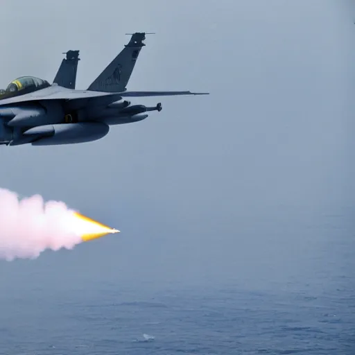 Image similar to A highly detailed wide angle photograph of a fighter jet firing missiles at a warship