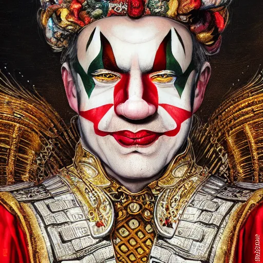Image similar to uhd photorealistic detailed image of max current, the crypto emperor, dressed as emperor, wearing extremely intricate clown makeup, by ayami kojima amano karol bak