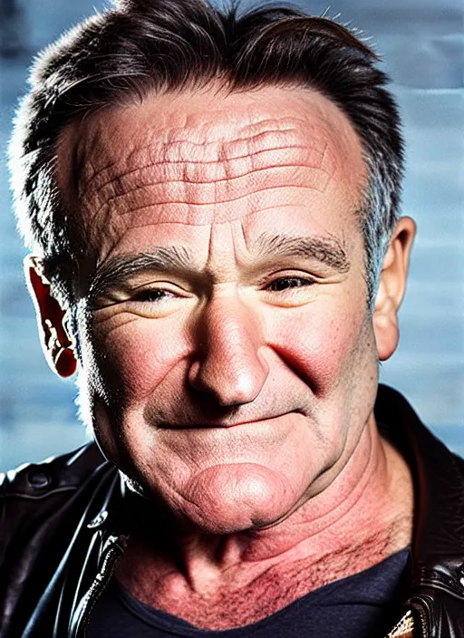 Image similar to promotional image of robin williams as a heavy metal singer, rugged black clothes, detailed face, movie still frame, promotional image, imax 70 mm footage