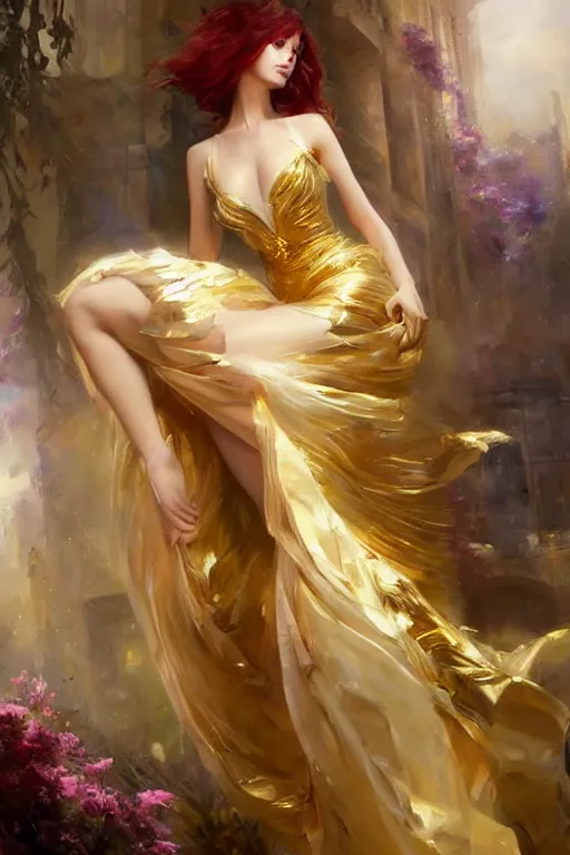 Prompt: cyberpunk beautiful girl, body golden armor, flowing gown by vladimir volegov and alexander averin and delphin enjolras and daniel f. gerhartz