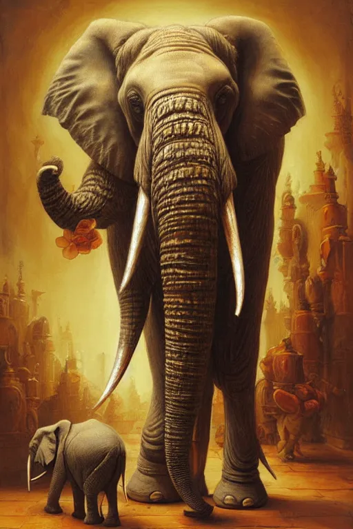 Prompt: one elephant in a porcelain shop, cgsociety, oil painting by justin gerard