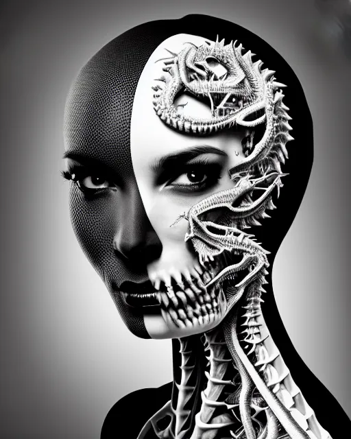 Image similar to a black and white high quality photo of a young beautiful female queen-dragon-cyborg bust with a very long neck and Mandelbrot fractal face, Mandelbrot fractal skin, flesh, anatomical, facial muscles, veins, arteries, elegant, highly detailed, flesh highly baroque ornate, hair are wired cables, elegant, high fashion, rim light, octane render, in the style of Diane Arbus, Realistic, Refined, Digital Art, Highly Detailed, Cinematic Lighting, rim light, black and white, photo-realistic, 8K
