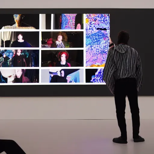 Image similar to art curator looking at a screen with a chat interface, recursive, on stage in the middle of a fashion show in the style of grand chamaco and stanley kubrick, inspired by y - 3, photorealistic, epic, super technical, cinematic still