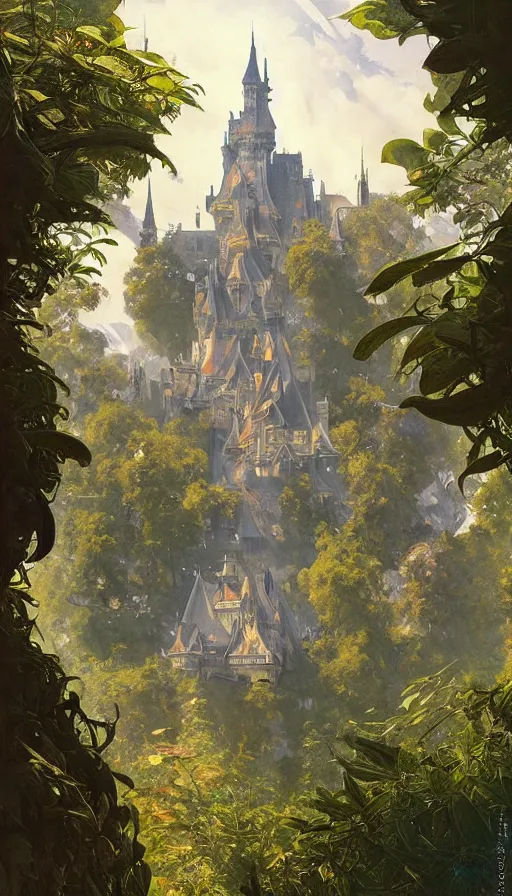 Image similar to castle seen from the sky, cyberpunk, design on white background, beautiful details, lush foliage, drawn by john singer sargent, tom bagshaw, norman rockwell, alphonso mucha, lolish, trending on artstation