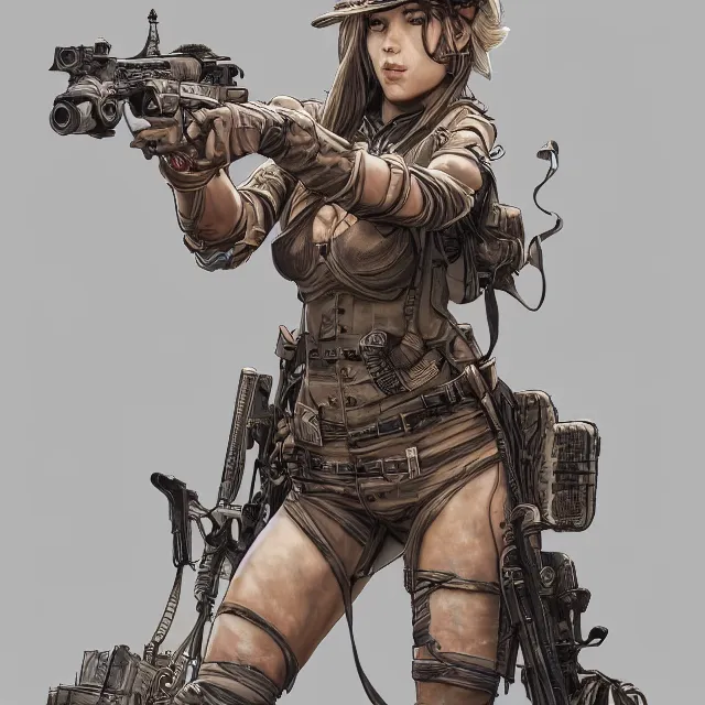 Prompt: the portrait of lawful neutral semi - colorful female infantry gunner as absurdly beautiful, gorgeous, elegant, young swimsuit model, an ultrafine hyperdetailed illustration by kim jung gi, intricate linework, detailed faces, super sharp focus, bright colors, octopath traveler, unreal engine 5 highly rendered, global illumination, radiant light, detailed and intricate environment