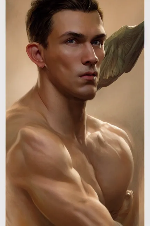 Image similar to Young man, no beard, muscular upper body, D&D, fantasy, realistic physic, accurate hyper-realistic body, elegant, highly detailed, digital painting, artstation, concept art, smooth, sharp focus, illustration, art by artgerm and greg rutkowski and alphonse mucha