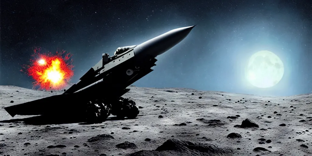 Image similar to giant Cthulhu silhouetted on lunar surface crushing <fighter jet>, explosion, photorealistic, wide-angle, long shot, epic, space, lunar backdrop