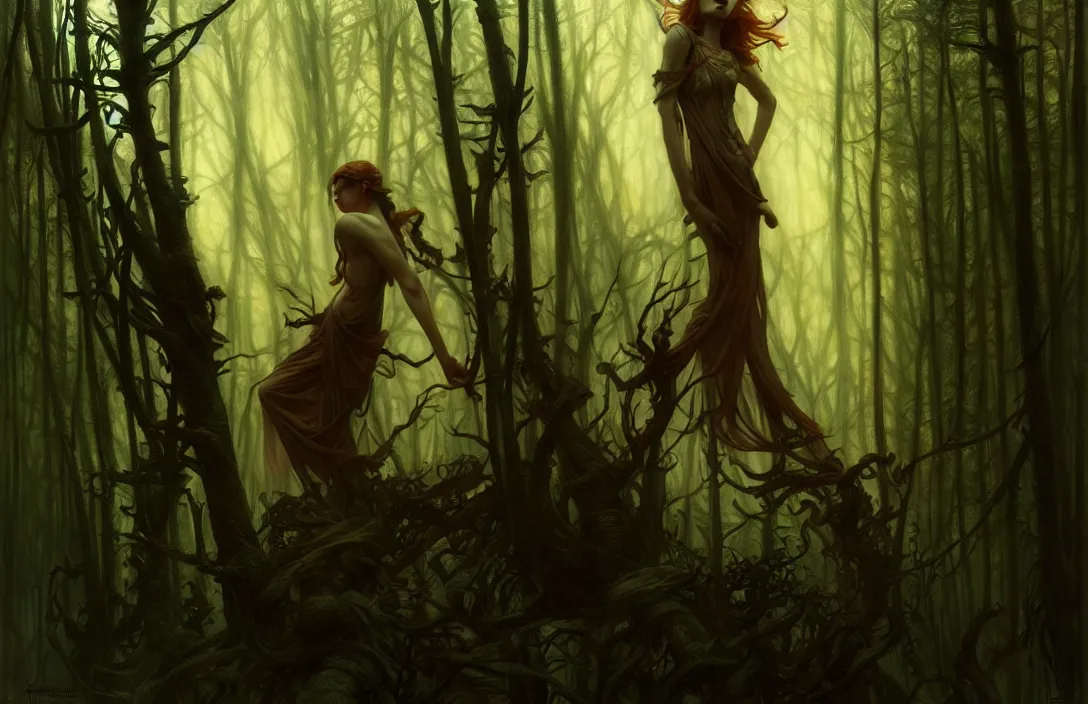 Prompt: inside a dark horror forest, heroic lighting, folklore, intricate, elegant, highly detailed, lifelike, photorealistic, digital painting, artstation, illustration, concept art, smooth, sharp focus, art by John Collier and Albert Aublet and Krenz Cushart and Artem Demura and Alphonse Mucha