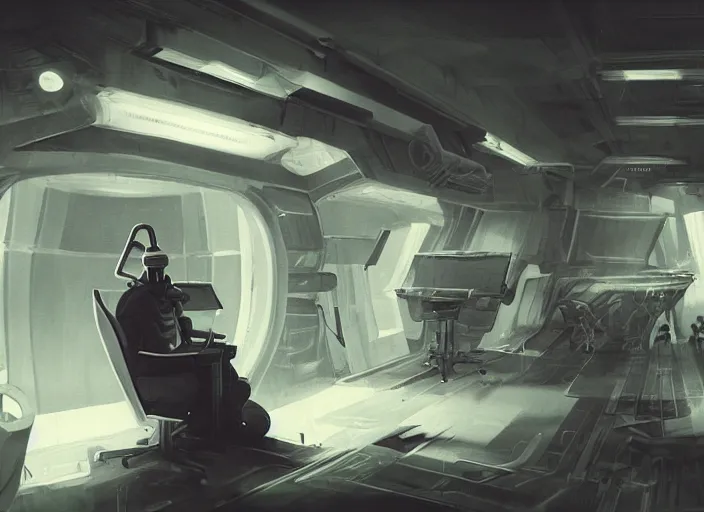 Image similar to a man sitting on a chair with things attached to his head, screens and monitors in front of him playing videos, ship interior, narrow hallway, scifi, dramatic lighting, dark, spotlight, concept art, surreal, by rutkowski