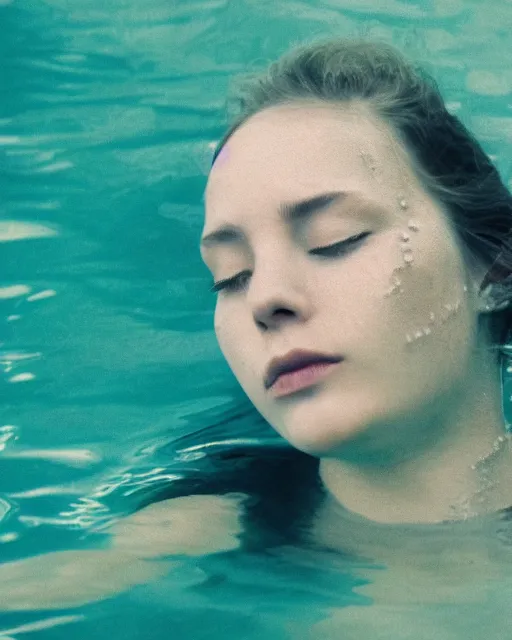 Prompt: a woman's face underneath the water, serene emotion, film grain, strange colors