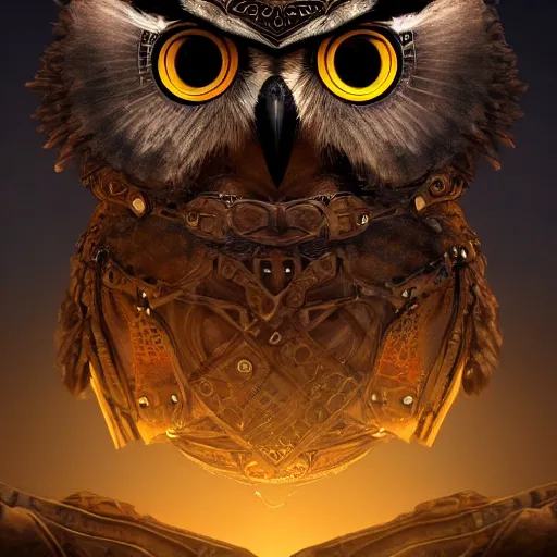 Image similar to a Warrior owl art nuveau, steampunk, symmetry, full frame, cinematic light , unreal engine,