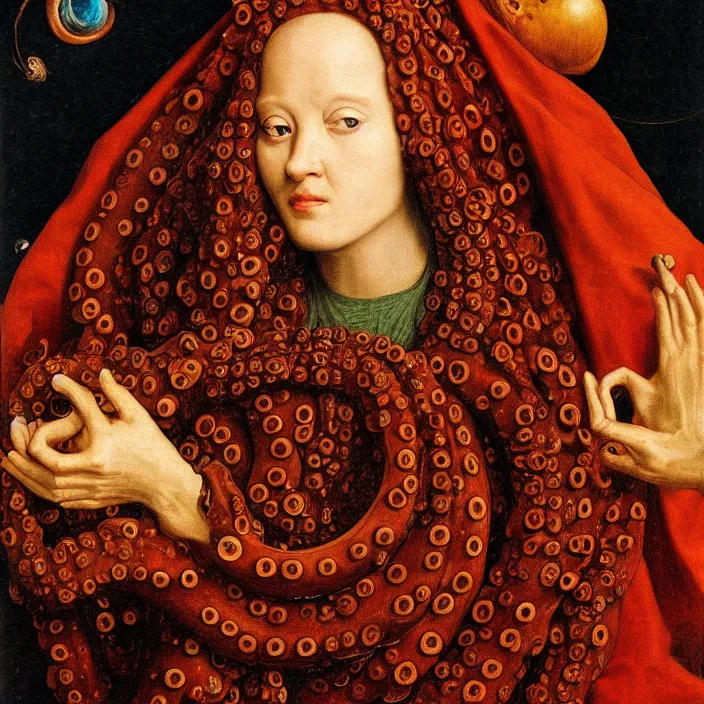 Prompt: a closeup portrait of a cloaked woman floating next to an octopus nebula, octopus nebula, by jan van eyck