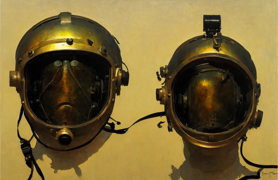 Image similar to portrait of deep sea diver helmet!!!!!!!!!!!!!!!!!!!!!!!!!!!, detailed face, detailed painting, epic lighting, by ilya repin, phil hale and kent williams