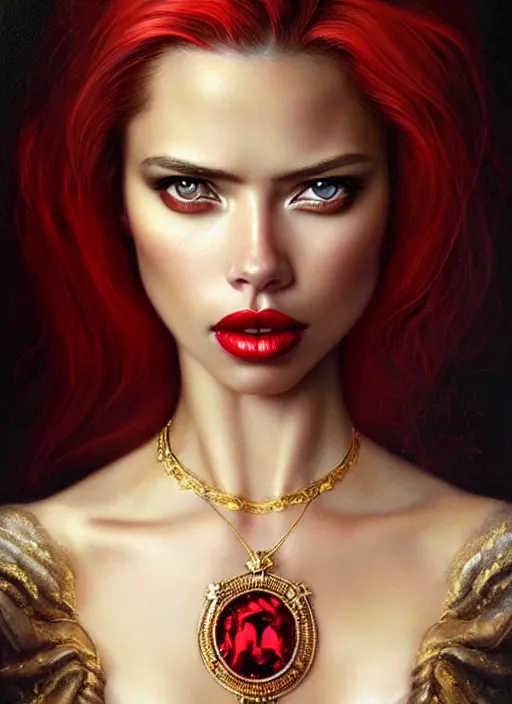 Image similar to a beautiful woman with baroque dress, red hair, gold necklace adorned with sapphires, adriana lima, painted by artgerm and tom bagshaw, fantasy art, dramatic lighting, highly detailed oil painting