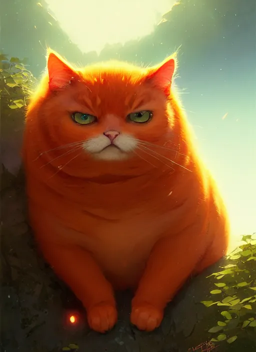 Image similar to highly detailed portrait of fat orange cat, stephen bliss, unreal engine, fantasy art by greg rutkowski, loish, rhads, ferdinand knab, makoto shinkai and lois van baarle, ilya kuvshinov, rossdraws, tom bagshaw, global illumination, radiant light, detailed and intricate environment