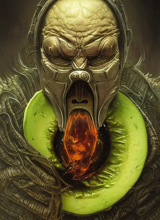 Image similar to avocado mf doom devil eyes, avocado skin. intricate, elegant, highly detailed, centered, digital painting, artstation, concept art, smooth, sharp focus, illustration, artgerm, tomasz alen kopera, peter mohrbacher, donato giancola, joseph christian leyendecker, wlop, frank frazetta