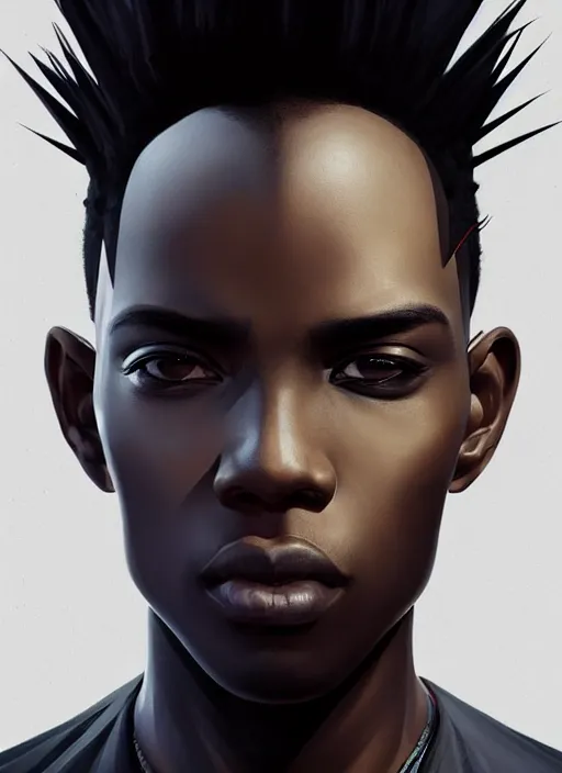 Image similar to portrait of a young black man with a mohawk and solid black irises, wearing futuristic techwear highly detailed, angular jawline, digital painting, artstation, concept art, smooth, sharp focus, illustration, art by wlop, uang guangjian and gil elvgren and sachin teng and greg rutkowski