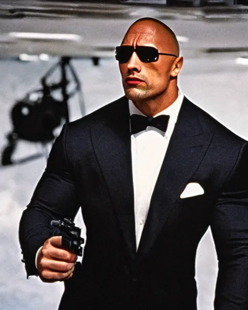 Image similar to Film still close-up shot of Dwayne Johnson as James Bond from the movie Goldeneye. Photographic, photography