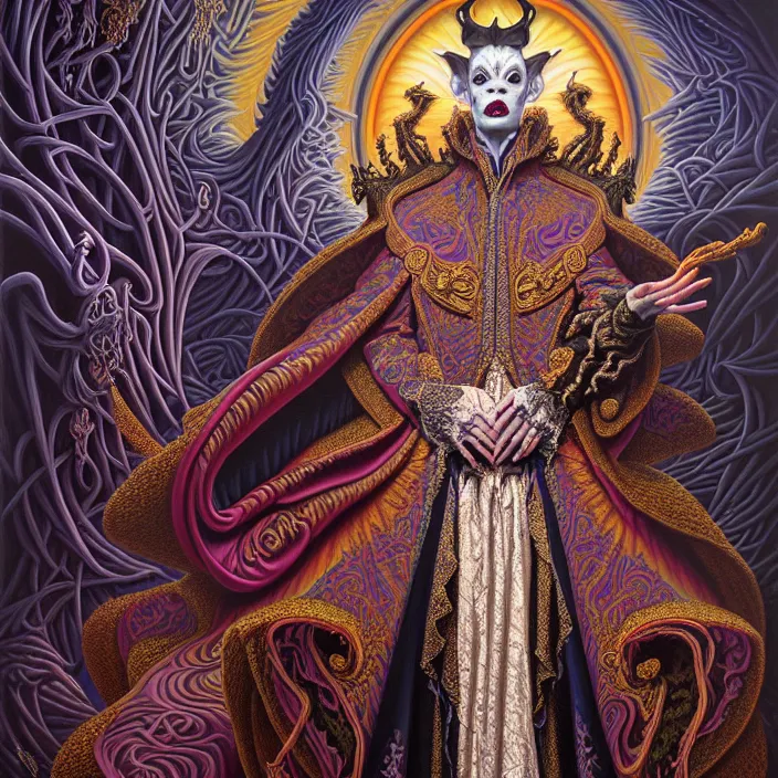 Image similar to beautiful oil painting, full length portrait of vampire dauphinois in baroque coronation robes 1701, Dan Mumford, Dan Mumford, Alex grey, hyacinthe rigaurd, highly detailed , lsd visuals, dmt fractal patterns, visionary art, psychedelic art, ornate, vaporwave, baroque, Greg rutkowski