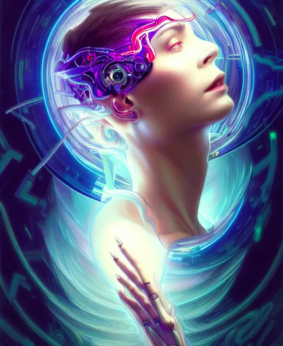 Image similar to a whirlwind of souls rushing inside the metaverse, hologram, half body, neurochip, shaved temple, piercing, jewelry, android, cyborg, cyberpunk face, by loish, d & d, fantasy, intricate, elegant, highly detailed, colorful, digital painting, artstation, concept art, art by artgerm and greg rutkowski and alphonse mucha