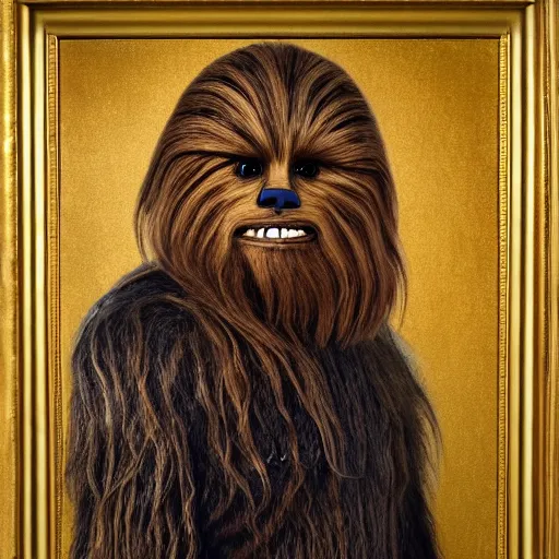 Prompt: a portrait painting of chewbacca from star wars in a renaissance style hanging in the louvre