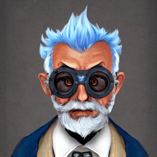 Prompt: a front-facing portrait of an old man with a grey beard and blue hair wearing steampunk goggles, dungeons and dragons character art, highly-detailed illustration, Artstation