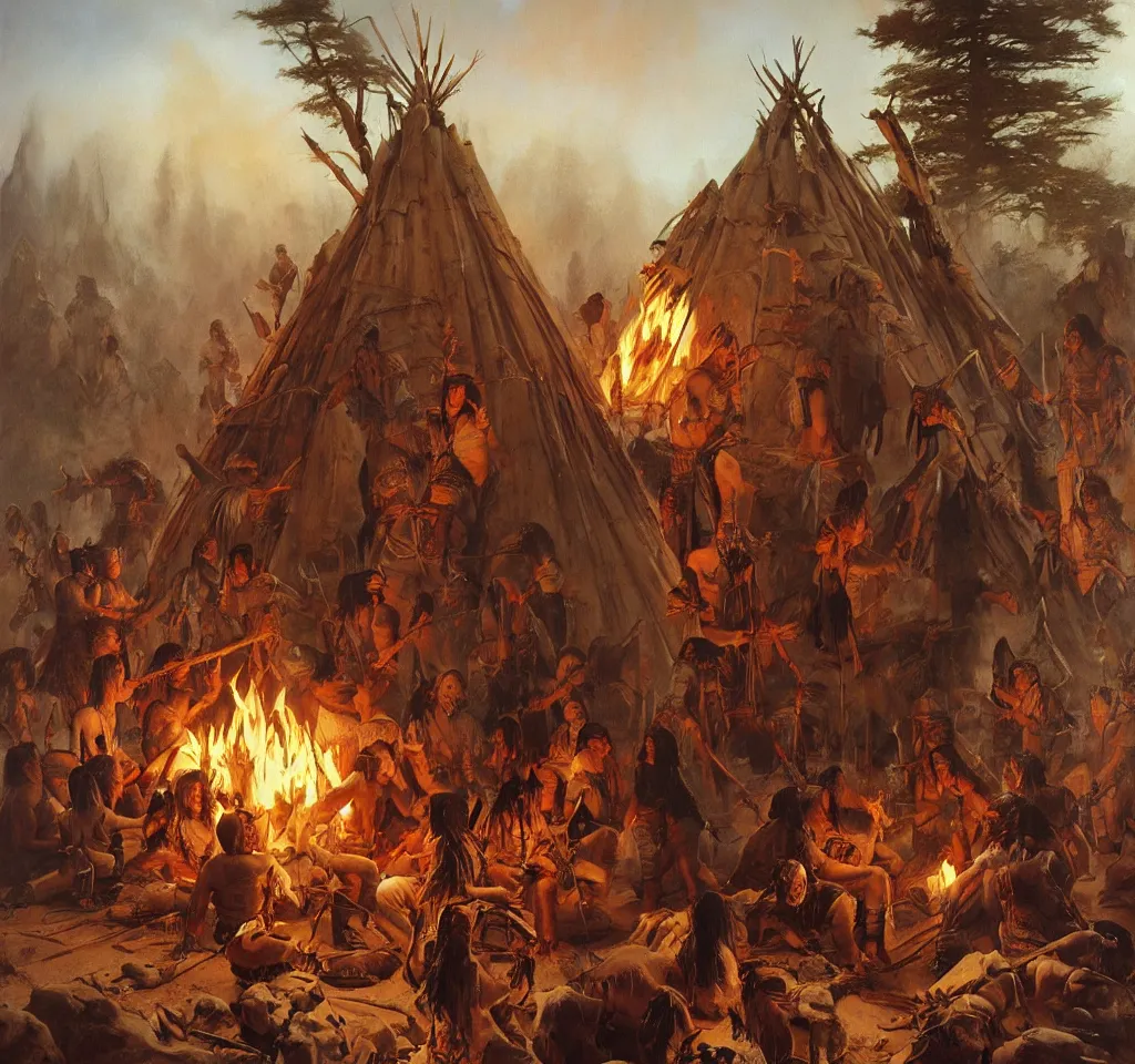 Prompt: native american chief speaks to his council around the fire in the teepee by frank frazetta, artgerm, albert bierstadt, tomasz alen kopera