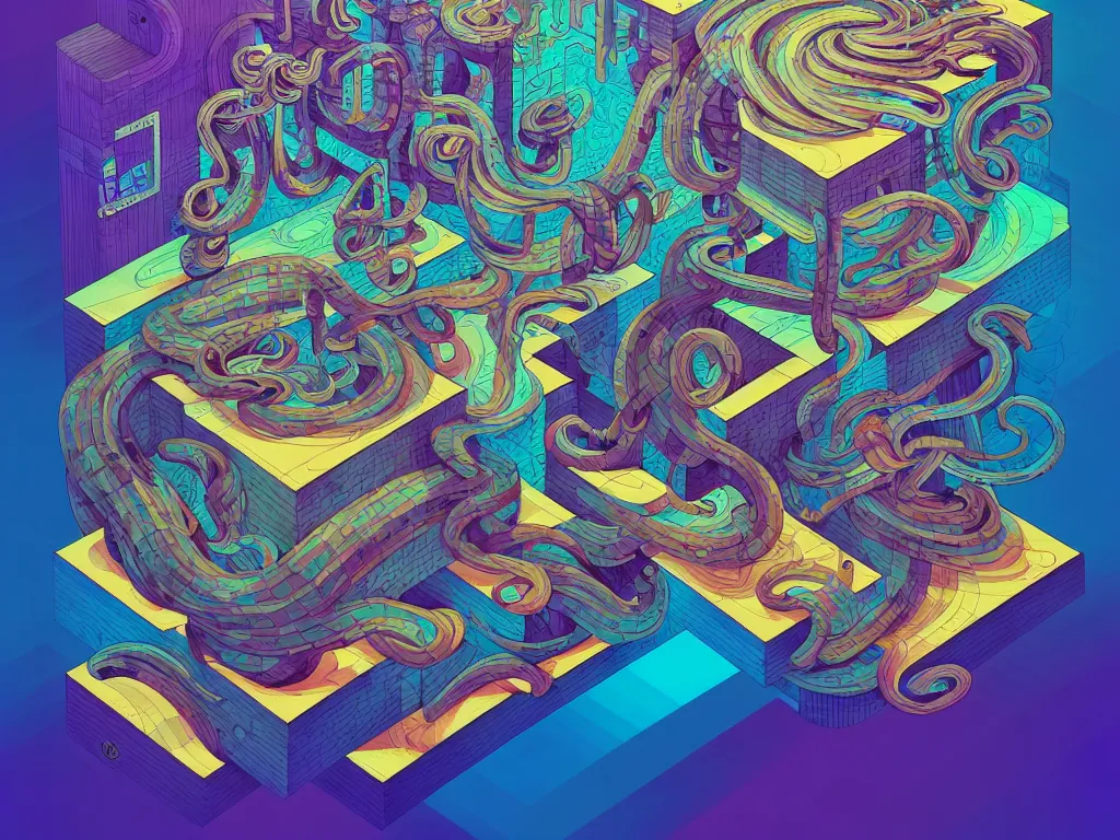 Image similar to twisted turn of fate abstraction, centered award winning ink pen illustration, isometric abstract illustration by dan mumford, edited by craola, technical drawing by beeple and tooth wu, tiny details by artgerm and watercolor girl, symmetrically isometrically centered