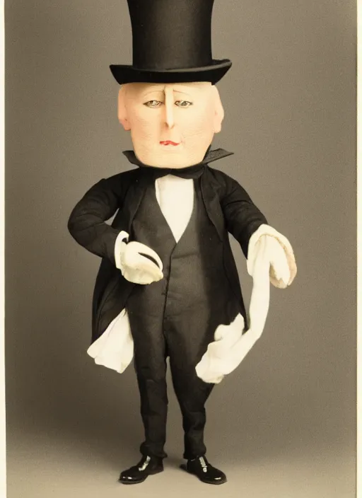 Prompt: portrait photo still of real life mr garrison with mr hat hand puppet with a striped top hat, 8 k, 8 5 mm, f. 1 4