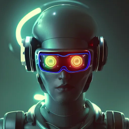 Image similar to cyberpunk concept cool cyborg bot, cinema 4 d, galaxy, cosmos, ufo, space sci - fi, wearing vr goggles, illustration, portrait, pastel neon textured background night, trending on artstation, greg rutkowski, octane rendered, 1 2 k, detailed,