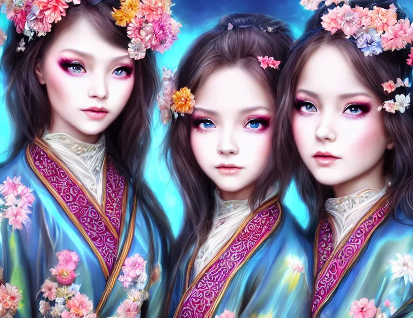 Image similar to two beautiful fashion siberian girls wear fantasy kimono in festival | | big eyes, sunny, dreamlike art, realistic shaded, smile, good looking, hyper details, 4 k realistic, cryengine, realistic shaded lighting poster by artgerm, ross tran, fuji choko, loish, 8 k resolution, trending on artstation, luxury