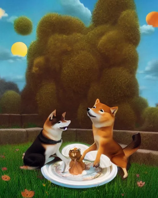 Image similar to shiba inu bites frisbee ， painting photoshop by mark ryden and pixar and hayao miyazaki, 8 k