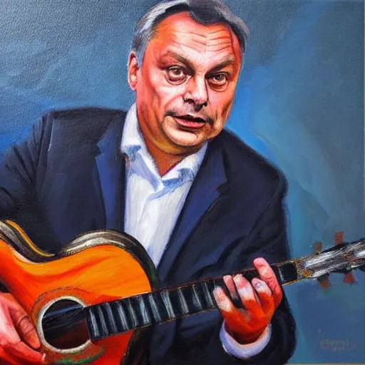 Image similar to viktor orban playing the guitar, oil painting