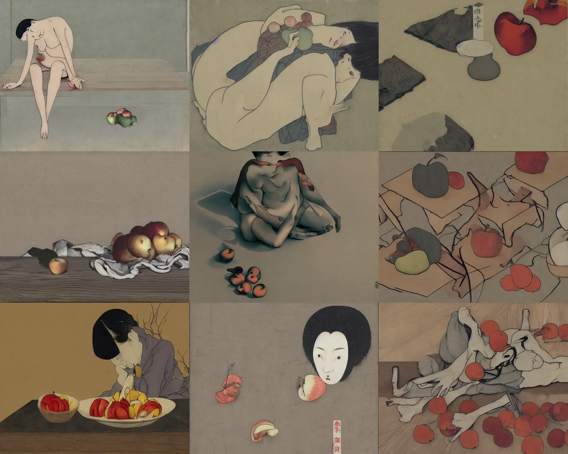 Prompt: Drained apples on a cracked wooden table by Senju Shunga and Hsiao-Ron Cheng and James Jean, pale colors, monotone, calm, balanced