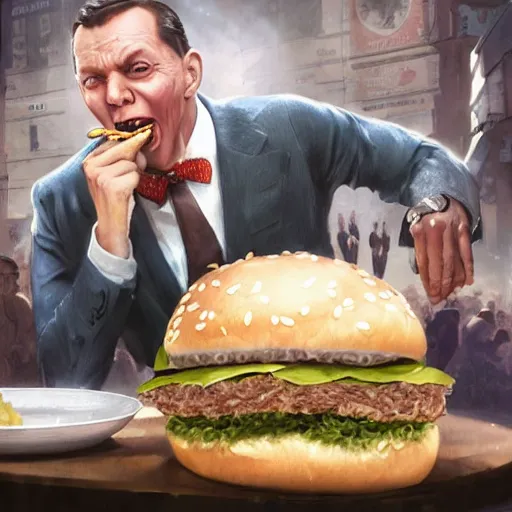 Prompt: a highly detailed epic cinematic concept art CG render digital painting artwork costume design: Frank Sinatra as a 1920s gangster eating a massive hamburger, voluptuous sesame seed bun, extra ketchup and pickles and onions . By Greg Rutkowski, Ilya Kuvshinov, WLOP, Stanley Artgerm Lau, Ruan Jia and Fenghua Zhong, trending on ArtStation, made in Maya and Photoshop, octane render, excellent composition, cinematic atmosphere, dynamic dramatic cinematic lighting, aesthetic, very inspirational, arthouse