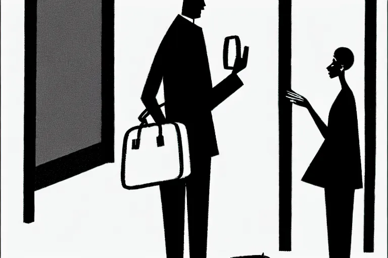 Prompt: tall, security guard checks the bags of a worried looking woman, art in the style of the new yorker,