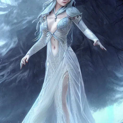 Image similar to an elven woman with long, silver hair cascading down her back. she has delicate, angular features and piercing blue eyes. she's clad in a flowing white dress with intricate silver embroidery, dynamic lighting, photorealistic fantasy concept art, trending on art station, stunning visuals, creative cinematic, ultra detailed