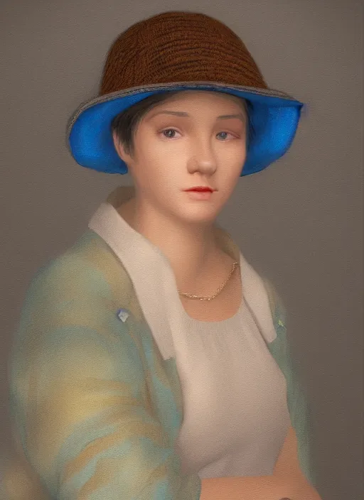 Prompt: portrait of a young lady with yellow short hair and brown eyes wearing small blue hat, computer painting, realistic volumetric lighting, detailed