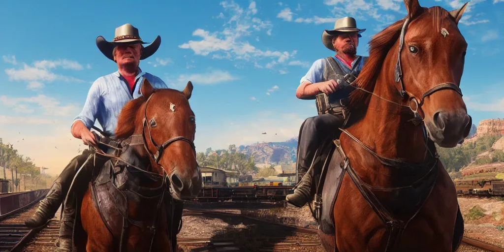 Image similar to Donald Trump from Red Dead Redemption 2 riding a horse next to a train, wide shot, ray tracing, 8k by artgerm and greg rutkowski