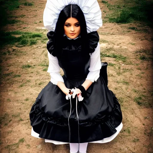 Image similar to kylie jenner in 2 b cosplaying victorian maid outfit light cinematography photoshoot