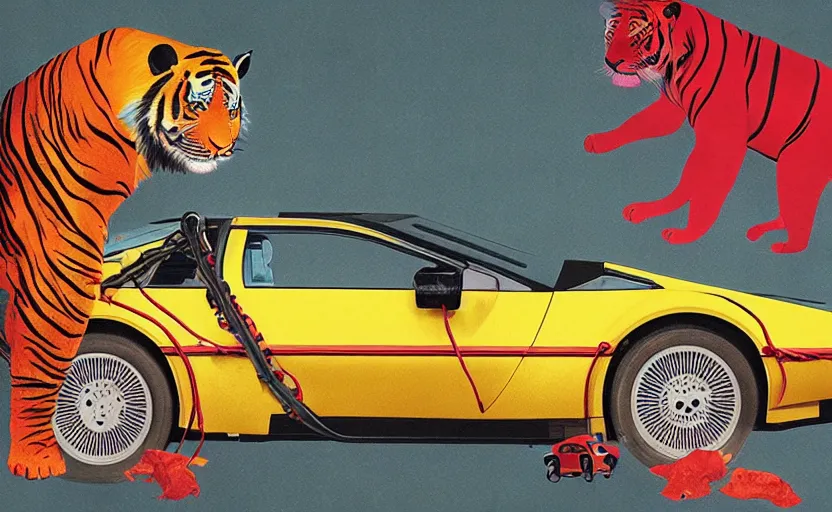 Image similar to a red delorean and a yellow tiger, painting by hsiao - ron cheng, utagawa kunisada & salvador dali, magazine collage style,